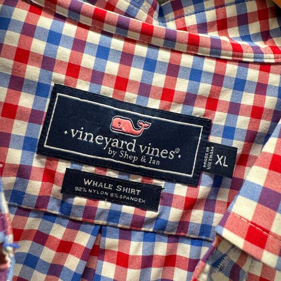 Vineyard Vines Whale Shirt Mens XL Button Down Red White Blue Check Performance - Picture 2 of 7